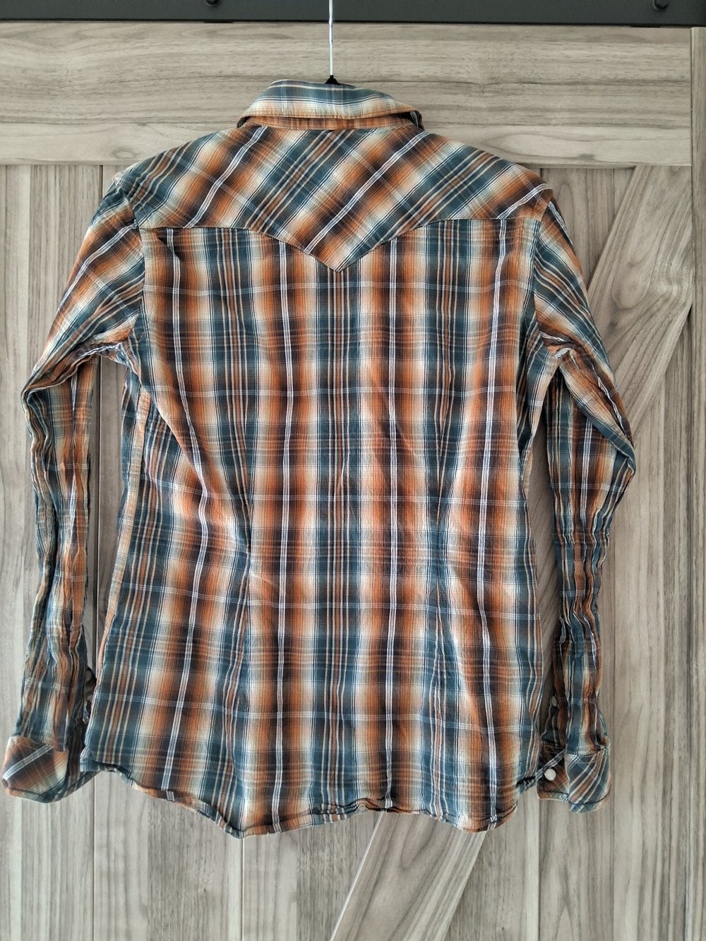 Women's Plaid Button-Down Shirt with Embroidered Yoke - Orange & Teal - Picture 2 of 4